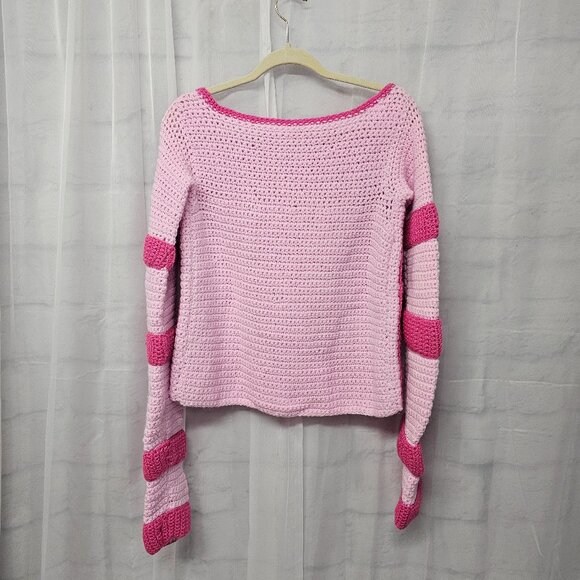 Handmade Pink Sweater Striped Colorblock Knit Pullover S/M - Picture 7 of 12